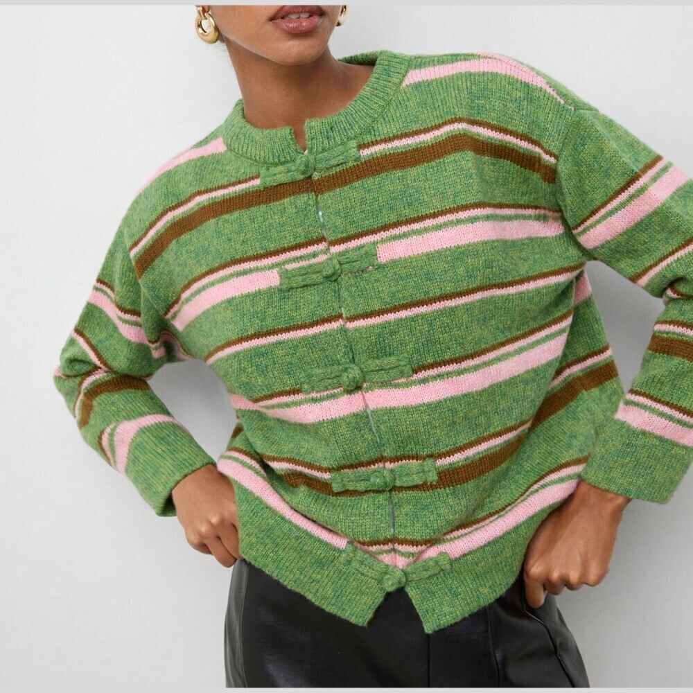 Green Striped Frog Button Knit Cardigan Sweater
